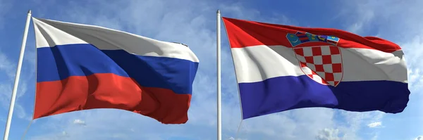 Розмахуючи прапорами Росії та Хорватії на флагштоках, 3d рендеринг — стокове фото