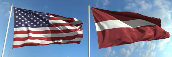Flying flags of the USA and Latvia on high flagpoles (en inglés). renderizado 3d — Foto de Stock