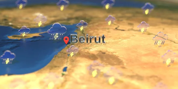 Iconos meteorológicos tormentosos cerca de la ciudad de Beirut en el mapa, pronóstico del tiempo — Foto de Stock