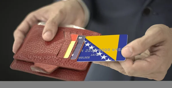 Τράβηγμα τραπεζικής κάρτας με σημαία Βοσνίας και Ερζεγοβίνης από το πορτοφόλι του, αριθμός πλασματικής κάρτας — Φωτογραφία Αρχείου