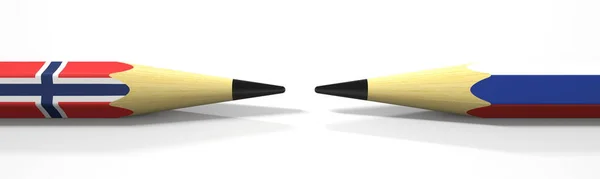 Opposing pencils with flags of Norway and Russia. Conflict concept, 3d rendering — Stock Photo, Image