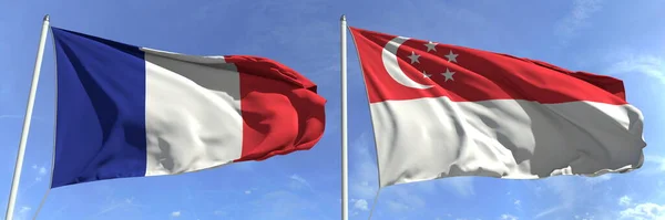 Vlajky Francie a Singapuru na vlajkách. 3D vykreslování — Stock fotografie
