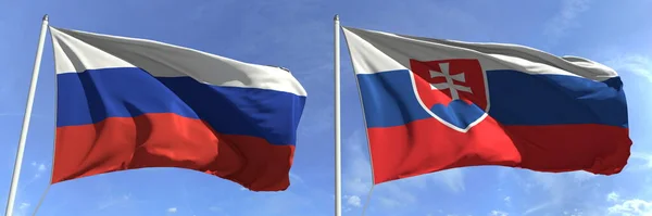 Flying flags of Russia and Slovakia on high flagpoles. renderizado 3d — Foto de Stock