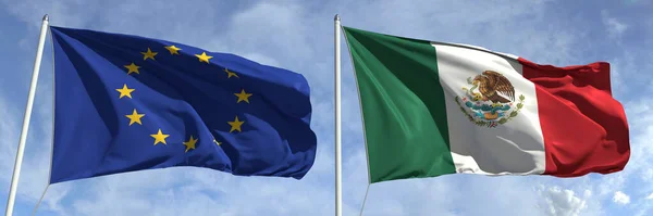 Waving flags of the European Union and Mexico on flagpoles, 3d rendering — Stock Photo, Image