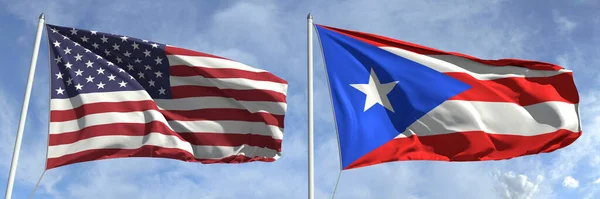 Waving flags of the USA and Puerto Rico on flagpoles, 3d rendering — Stock Photo, Image