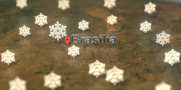 Снежные иконки погоды рядом с Бразилией на карте, прогноз погоды на 3D рендеринг — стоковое фото