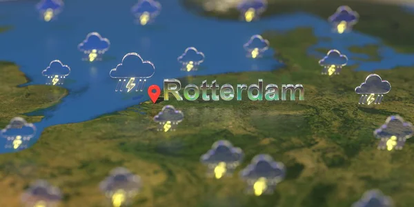Роттердам Місто і штормова погодна ікона на карті, прогноз погоди пов'язаний 3D рендеринг — стокове фото