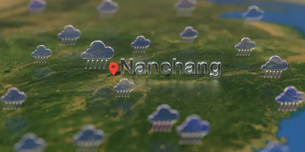 Regen pictogrammen bij Nanchang stad op de kaart, weersvoorspelling gerelateerde 3D-weergave — Stockfoto