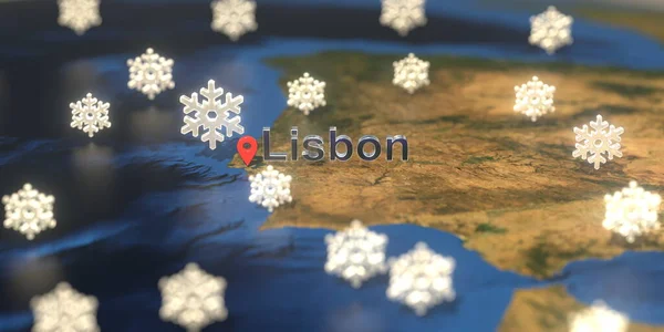Lisboa e ícone do tempo nevado no mapa, previsão meteorológica relacionada renderização 3D — Fotografia de Stock