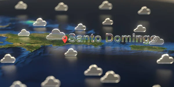 Bewölkte Wettersymbole in der Nähe der Stadt Santo Domingo auf der Karte, 3D-Rendering zur Wettervorhersage — Stockfoto