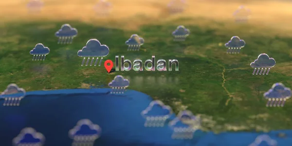 伊巴丹市和雨天图标在地图上，天气预报相关3D渲染 — 图库照片
