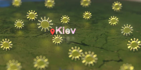 Київське місто і сонячна метеорологічна ікона на карті, прогноз погоди пов'язаний з 3D рендерингом — стокове фото