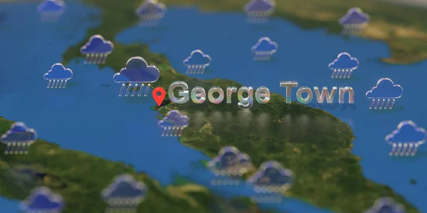 Regen iconen in de buurt van George Town op de kaart, weersvoorspelling gerelateerde 3D-weergave — Stockfoto