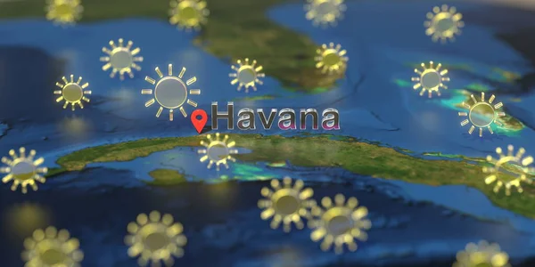 Havana city and sunny weather icon on the map, weather forecast related 3D rendering — Stock Photo, Image