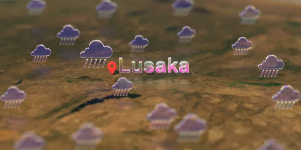 Lusaka stad en regenachtig weerpictogram op de kaart, weersvoorspelling gerelateerde 3D-weergave — Stockfoto