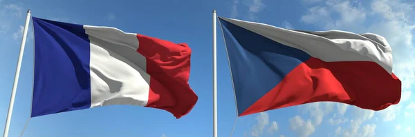在旗杆上飘扬的法国和捷克共和国国旗，3D渲染 — 图库照片