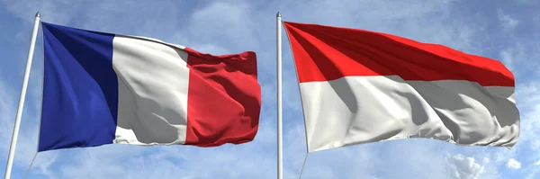 Bandiere di Francia e Indonesia sui pali della bandiera. rendering 3d — Foto Stock