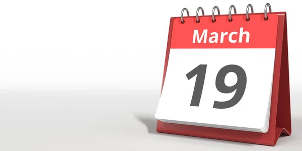 19 Μαρτίου ημερομηνία στην flip ημερολογιακή σελίδα, 3d απόδοση — Φωτογραφία Αρχείου