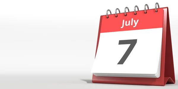 7 luglio data sulla pagina del calendario flip, rendering 3d — Foto Stock