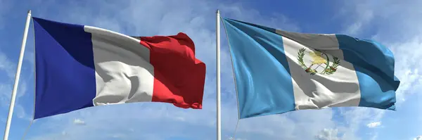 Flying flags of France and Guatemala on sky background, 3d rendering — Stock Photo, Image