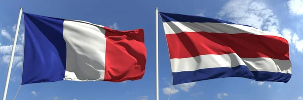 Bandiere volanti di Francia e Costa Rica sullo sfondo del cielo, rendering 3d — Foto Stock
