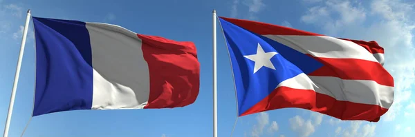Flagi Francji i Portoryko na masztach flagowych. 3d renderowanie — Zdjęcie stockowe