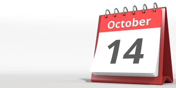 14 de octubre fecha en la página del calendario de volteo, 3d renderizado — Foto de Stock