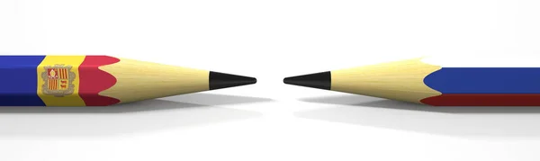 两支有安道尔和俄罗斯国旗的铅笔，与政治冲突有关的3D渲染 — 图库照片