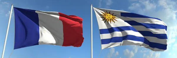 Steaguri zburătoare ale Franței și Uruguayului pe fundal, redare 3D — Fotografie, imagine de stoc
