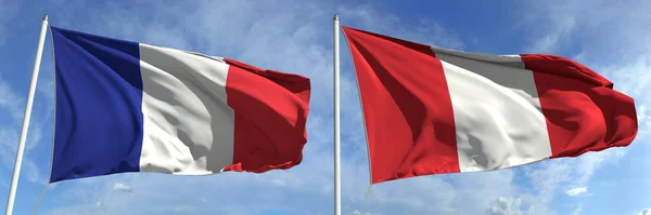 Bandeiras hasteadas da França e do Peru em hastes altas. Renderização 3d — Fotografia de Stock