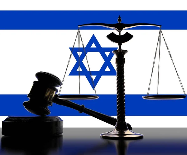 Juez mazo, balanza y bandera de Israel 3d renderizado — Foto de Stock