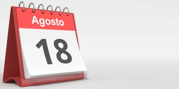 18 de agosto fecha escrita en español en el calendario flip, 3d rendering — Foto de Stock