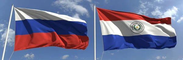 Bandeiras hasteadas da Rússia e Paraguai em hastes altas. Renderização 3d — Fotografia de Stock