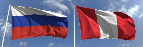 Bandeiras voadoras da Federação Russa e do Peru no fundo do céu, renderização 3d — Fotografia de Stock