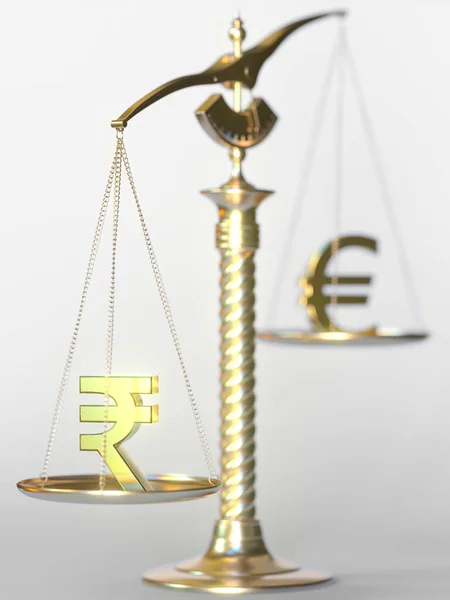 O INR da rupia pesa mais do que o euro em balanças de equilíbrio. Conceito de tendência Forex. Renderização 3d — Fotografia de Stock
