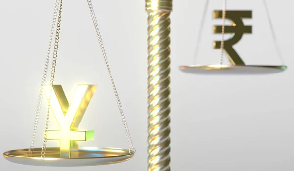 Yen JPY jel súlya kisebb, mint Rúpia szimbólum mérlegen, fogalmi 3D-s renderelés — Stock Fotó