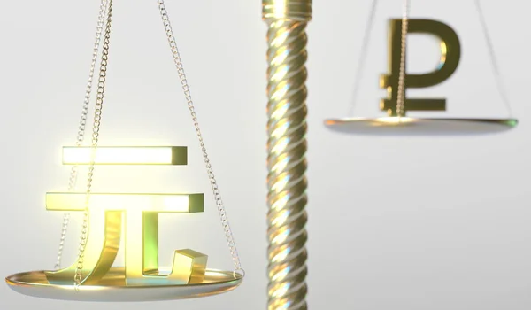 Renminbi yuan CNY sign weighs less than Ruble symbol on golden balance scales, conceptual 3d rendering — Stock Photo, Image