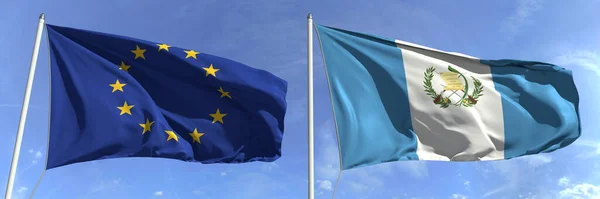 Waving flags of the European Union and Guatemala on flagpoles, 3d rendering — Stock Photo, Image