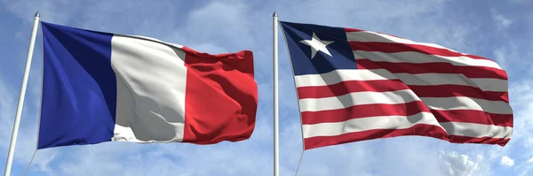 Bandiere volanti di Francia e Liberia sullo sfondo del cielo, rendering 3d — Foto Stock