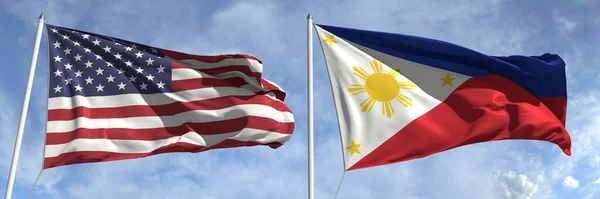 Flying flags of the USA and Philippines on sky background, 3d rendering —  Fotos de Stock