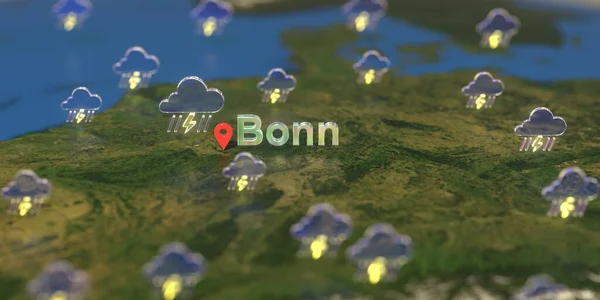 Haritada Bonn şehri ve fırtınalı hava durumu simgesi, hava tahmini 3D ile ilgili — Stok fotoğraf