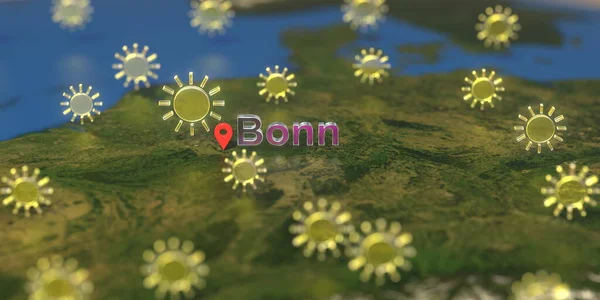 Bonn stad och soligt väder ikon på kartan, Väderprognos relaterade 3D-rendering — Stockfoto