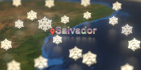 Snowy weather icons near Salvador city on the map, weather forecast related 3D rendering — Stock Photo, Image