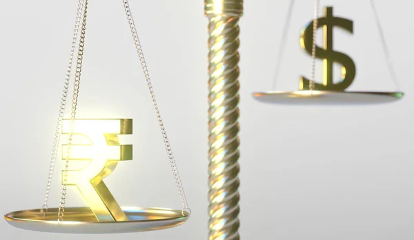 Rupee INR sign weighs less than Dollar symbol on balance scales, conceptual 3d rendering — Stock Photo, Image