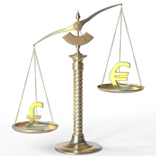 Libra esterlina GBP pesa mais do que o euro em balanças de equilíbrio. Conceito de tendência do mercado financeiro. Renderização 3d — Fotografia de Stock
