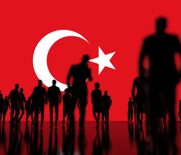 Silhoettes de homens e mulheres desconhecidos na bandeira da Turquia fundo. Renderização 3d — Fotografia de Stock