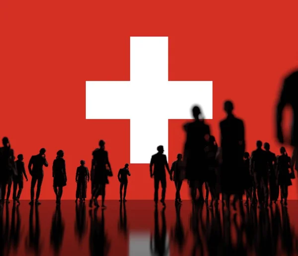 Personas desconocidas en la bandera de Suiza background 3d rendering — Foto de Stock