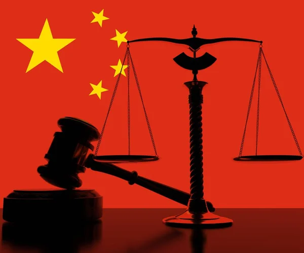 중국의 국기, 법정 문장과 저울 뒤에 있습니다. 3d 렌더링 — 스톡 사진