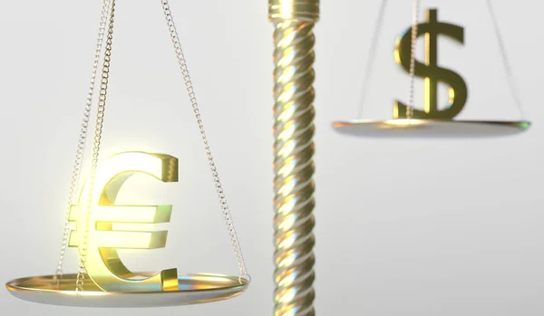 Euro EUR sinal pesa menos do que o símbolo do dólar em balanças de equilíbrio, renderização 3d conceitual — Fotografia de Stock