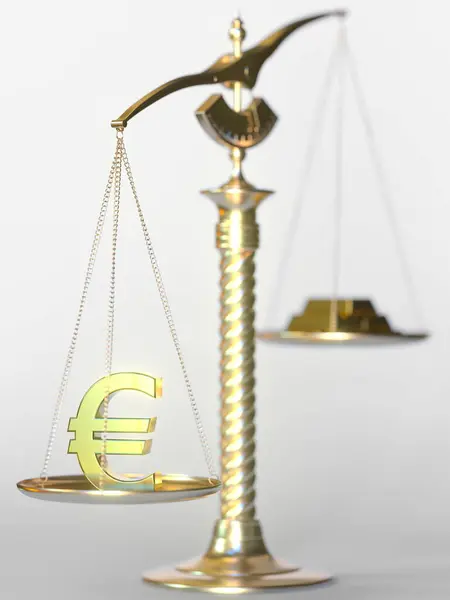 Знак евро весит больше золотых слитков на весах. Концепция финансового рынка, 3d рендеринг — стоковое фото